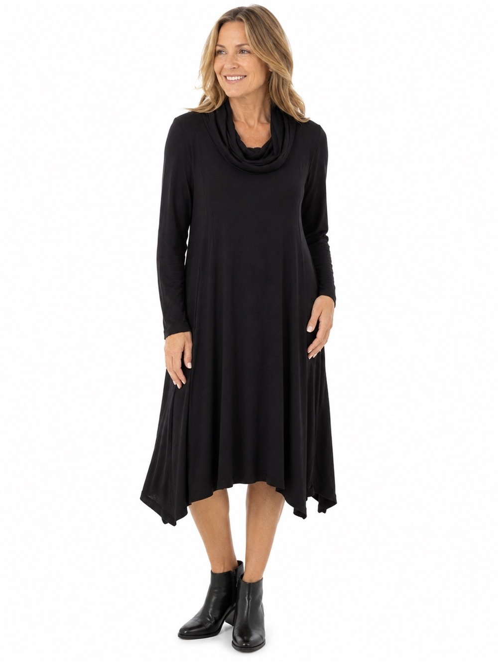 Chalet Women’s Lagenlook Cowl Neck Long Sleeve Midi Dress M Black